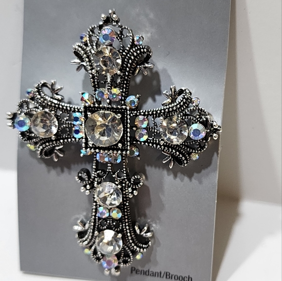 Metal Gallery Silver Tone Aurora Borealis Rhinestones Cross Brooch / Pen… - Picture 2 of 2